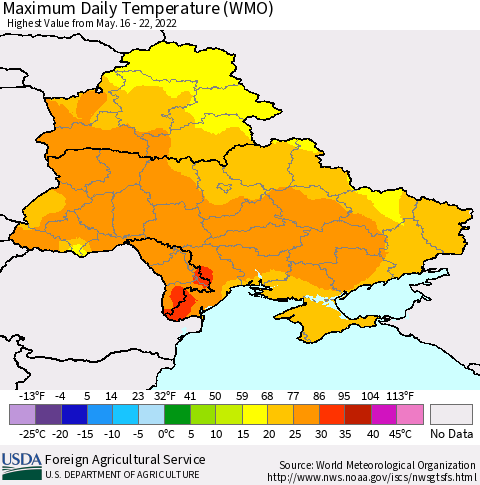 Ukraine, Moldova and Belarus Extreme Maximum Temperature (WMO) Thematic Map For 5/16/2022 - 5/22/2022
