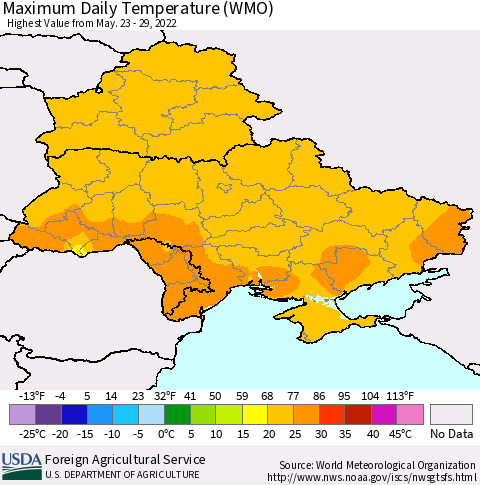 Ukraine, Moldova and Belarus Extreme Maximum Temperature (WMO) Thematic Map For 5/23/2022 - 5/29/2022