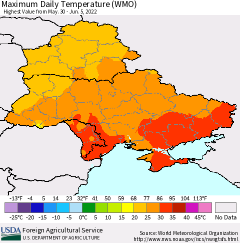 Ukraine, Moldova and Belarus Maximum Daily Temperature (WMO) Thematic Map For 5/30/2022 - 6/5/2022