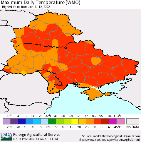 Ukraine, Moldova and Belarus Maximum Daily Temperature (WMO) Thematic Map For 6/6/2022 - 6/12/2022