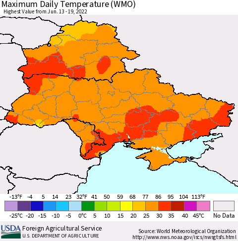 Ukraine, Moldova and Belarus Maximum Daily Temperature (WMO) Thematic Map For 6/13/2022 - 6/19/2022