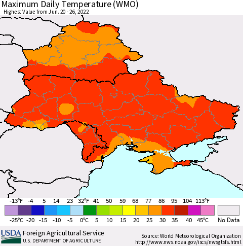 Ukraine, Moldova and Belarus Maximum Daily Temperature (WMO) Thematic Map For 6/20/2022 - 6/26/2022