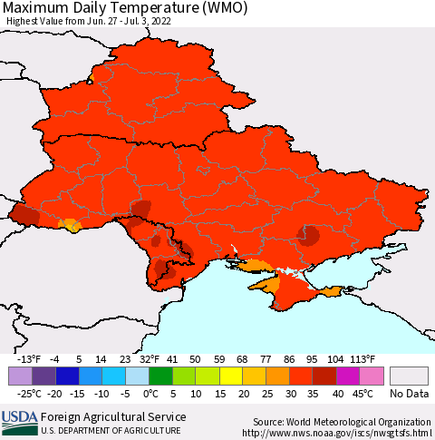 Ukraine, Moldova and Belarus Maximum Daily Temperature (WMO) Thematic Map For 6/27/2022 - 7/3/2022