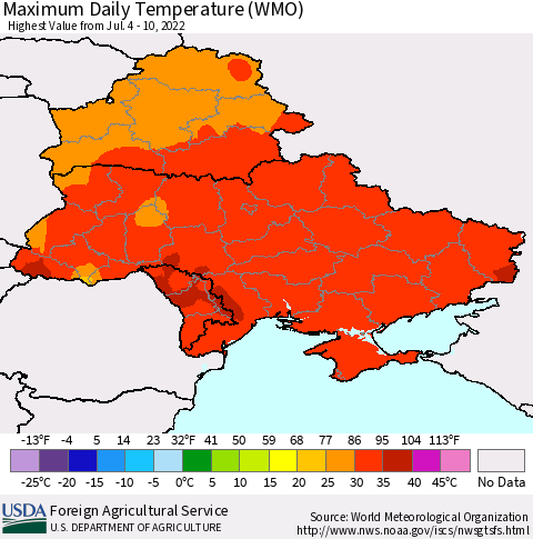 Ukraine, Moldova and Belarus Maximum Daily Temperature (WMO) Thematic Map For 7/4/2022 - 7/10/2022