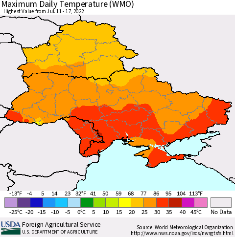 Ukraine, Moldova and Belarus Maximum Daily Temperature (WMO) Thematic Map For 7/11/2022 - 7/17/2022