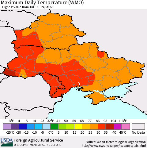 Ukraine, Moldova and Belarus Maximum Daily Temperature (WMO) Thematic Map For 7/18/2022 - 7/24/2022
