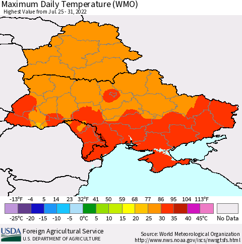 Ukraine, Moldova and Belarus Maximum Daily Temperature (WMO) Thematic Map For 7/25/2022 - 7/31/2022