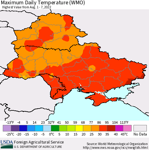Ukraine, Moldova and Belarus Maximum Daily Temperature (WMO) Thematic Map For 8/1/2022 - 8/7/2022