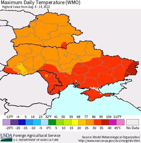Ukraine, Moldova and Belarus Maximum Daily Temperature (WMO) Thematic Map For 8/8/2022 - 8/14/2022