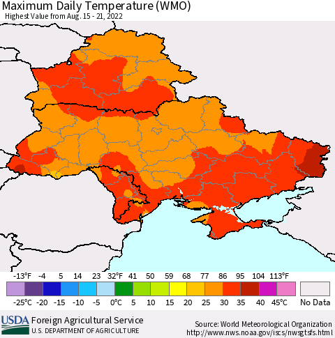 Ukraine, Moldova and Belarus Maximum Daily Temperature (WMO) Thematic Map For 8/15/2022 - 8/21/2022