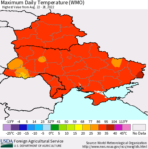 Ukraine, Moldova and Belarus Maximum Daily Temperature (WMO) Thematic Map For 8/22/2022 - 8/28/2022