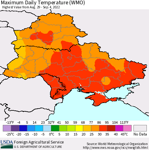 Ukraine, Moldova and Belarus Maximum Daily Temperature (WMO) Thematic Map For 8/29/2022 - 9/4/2022