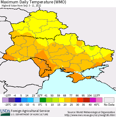 Ukraine, Moldova and Belarus Maximum Daily Temperature (WMO) Thematic Map For 9/5/2022 - 9/11/2022