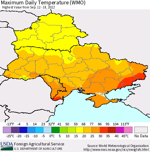 Ukraine, Moldova and Belarus Maximum Daily Temperature (WMO) Thematic Map For 9/12/2022 - 9/18/2022