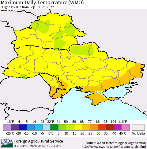 Ukraine, Moldova and Belarus Maximum Daily Temperature (WMO) Thematic Map For 9/19/2022 - 9/25/2022