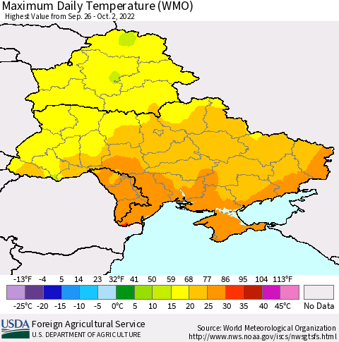 Ukraine, Moldova and Belarus Maximum Daily Temperature (WMO) Thematic Map For 9/26/2022 - 10/2/2022