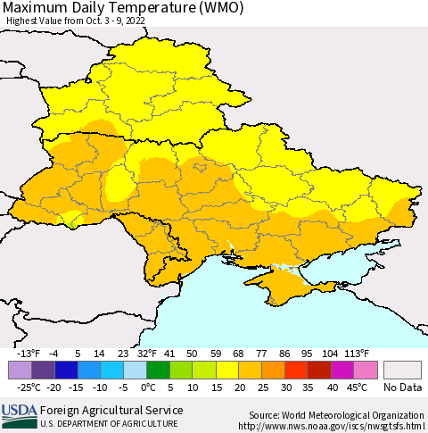 Ukraine, Moldova and Belarus Maximum Daily Temperature (WMO) Thematic Map For 10/3/2022 - 10/9/2022