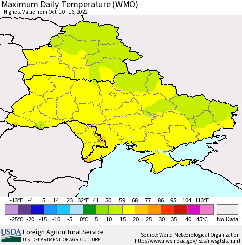 Ukraine, Moldova and Belarus Maximum Daily Temperature (WMO) Thematic Map For 10/10/2022 - 10/16/2022