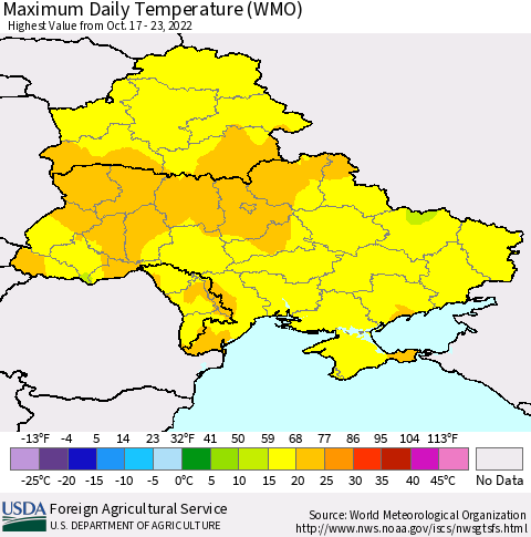 Ukraine, Moldova and Belarus Maximum Daily Temperature (WMO) Thematic Map For 10/17/2022 - 10/23/2022