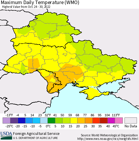 Ukraine, Moldova and Belarus Maximum Daily Temperature (WMO) Thematic Map For 10/24/2022 - 10/30/2022
