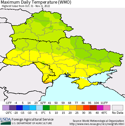Ukraine, Moldova and Belarus Maximum Daily Temperature (WMO) Thematic Map For 10/31/2022 - 11/6/2022