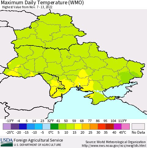 Ukraine, Moldova and Belarus Maximum Daily Temperature (WMO) Thematic Map For 11/7/2022 - 11/13/2022