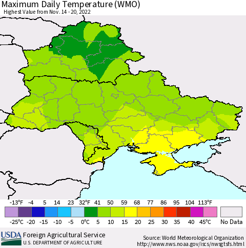 Ukraine, Moldova and Belarus Maximum Daily Temperature (WMO) Thematic Map For 11/14/2022 - 11/20/2022