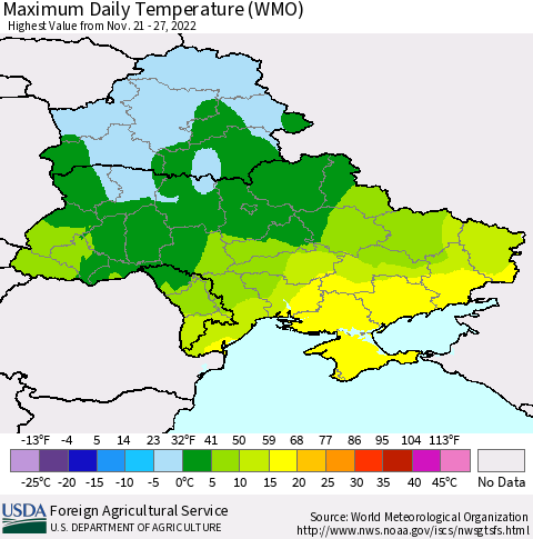 Ukraine, Moldova and Belarus Maximum Daily Temperature (WMO) Thematic Map For 11/21/2022 - 11/27/2022