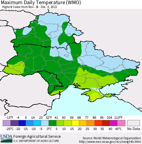 Ukraine, Moldova and Belarus Maximum Daily Temperature (WMO) Thematic Map For 11/28/2022 - 12/4/2022