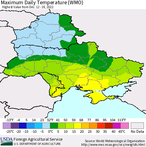 Ukraine, Moldova and Belarus Maximum Daily Temperature (WMO) Thematic Map For 12/12/2022 - 12/18/2022