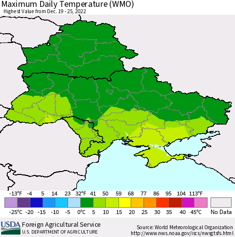 Ukraine, Moldova and Belarus Maximum Daily Temperature (WMO) Thematic Map For 12/19/2022 - 12/25/2022
