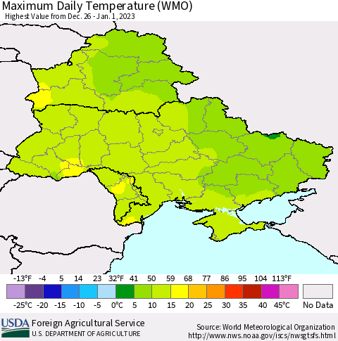 Ukraine, Moldova and Belarus Maximum Daily Temperature (WMO) Thematic Map For 12/26/2022 - 1/1/2023