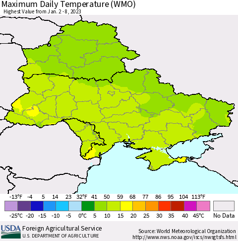 Ukraine, Moldova and Belarus Maximum Daily Temperature (WMO) Thematic Map For 1/2/2023 - 1/8/2023