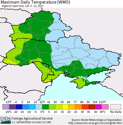Ukraine, Moldova and Belarus Maximum Daily Temperature (WMO) Thematic Map For 1/9/2023 - 1/15/2023
