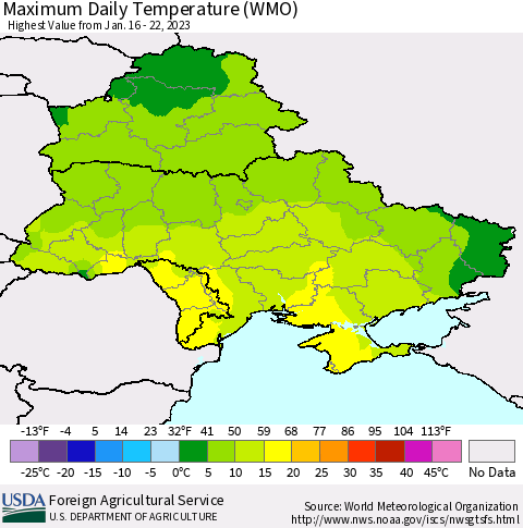 Ukraine, Moldova and Belarus Maximum Daily Temperature (WMO) Thematic Map For 1/16/2023 - 1/22/2023