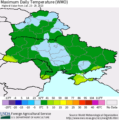 Ukraine, Moldova and Belarus Maximum Daily Temperature (WMO) Thematic Map For 1/23/2023 - 1/29/2023