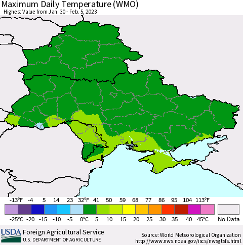 Ukraine, Moldova and Belarus Maximum Daily Temperature (WMO) Thematic Map For 1/30/2023 - 2/5/2023
