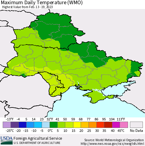 Ukraine, Moldova and Belarus Maximum Daily Temperature (WMO) Thematic Map For 2/13/2023 - 2/19/2023