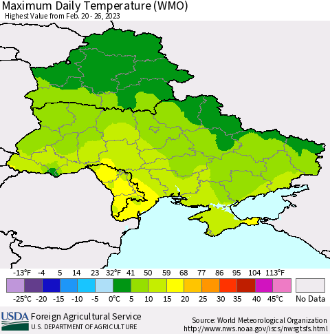Ukraine, Moldova and Belarus Maximum Daily Temperature (WMO) Thematic Map For 2/20/2023 - 2/26/2023