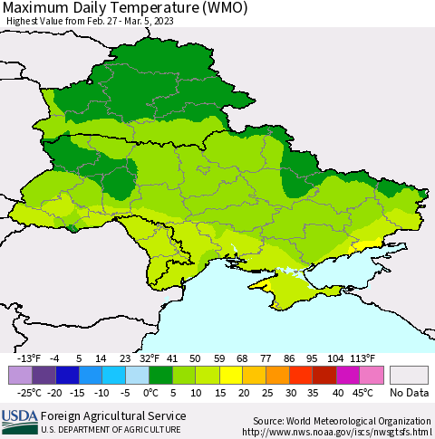 Ukraine, Moldova and Belarus Maximum Daily Temperature (WMO) Thematic Map For 2/27/2023 - 3/5/2023
