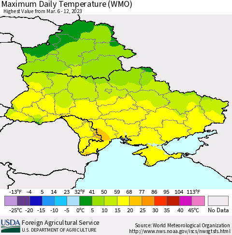 Ukraine, Moldova and Belarus Maximum Daily Temperature (WMO) Thematic Map For 3/6/2023 - 3/12/2023