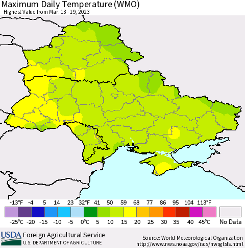 Ukraine, Moldova and Belarus Maximum Daily Temperature (WMO) Thematic Map For 3/13/2023 - 3/19/2023