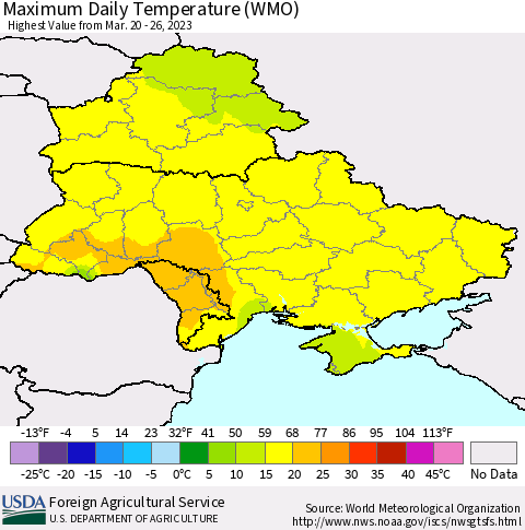 Ukraine, Moldova and Belarus Maximum Daily Temperature (WMO) Thematic Map For 3/20/2023 - 3/26/2023