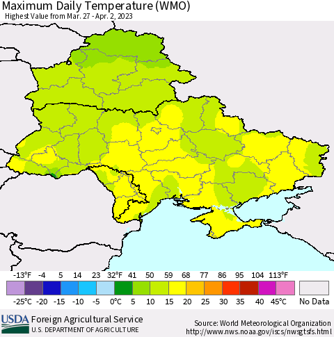 Ukraine, Moldova and Belarus Maximum Daily Temperature (WMO) Thematic Map For 3/27/2023 - 4/2/2023