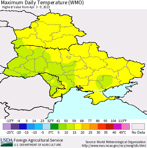 Ukraine, Moldova and Belarus Maximum Daily Temperature (WMO) Thematic Map For 4/3/2023 - 4/9/2023