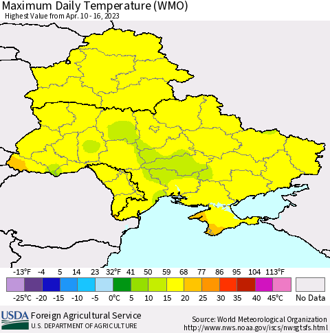 Ukraine, Moldova and Belarus Maximum Daily Temperature (WMO) Thematic Map For 4/10/2023 - 4/16/2023