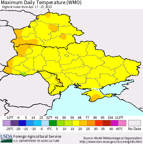 Ukraine, Moldova and Belarus Maximum Daily Temperature (WMO) Thematic Map For 4/17/2023 - 4/23/2023