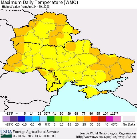Ukraine, Moldova and Belarus Maximum Daily Temperature (WMO) Thematic Map For 4/24/2023 - 4/30/2023