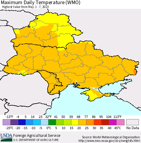 Ukraine, Moldova and Belarus Maximum Daily Temperature (WMO) Thematic Map For 5/1/2023 - 5/7/2023