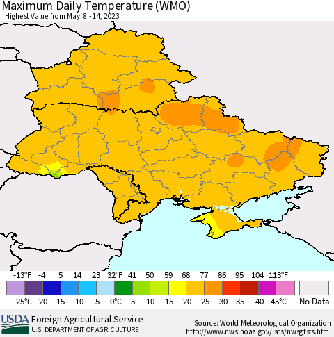 Ukraine, Moldova and Belarus Maximum Daily Temperature (WMO) Thematic Map For 5/8/2023 - 5/14/2023